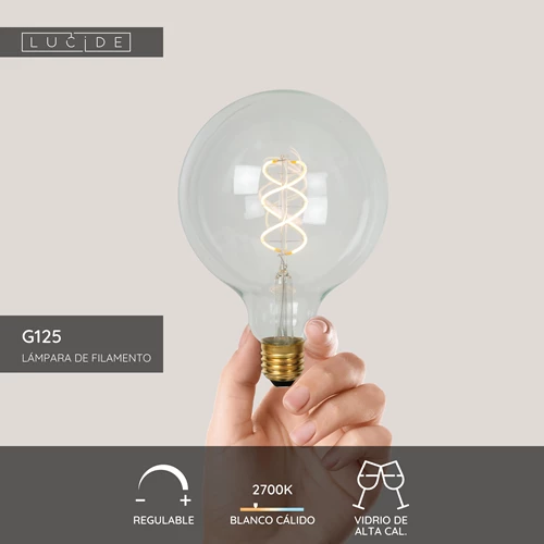 Lucide G125 - Lámpara de filamento - Ø 12,5 cm - LED Regul. - E27 - 1x4,9W 2700K - Transparente - USP
